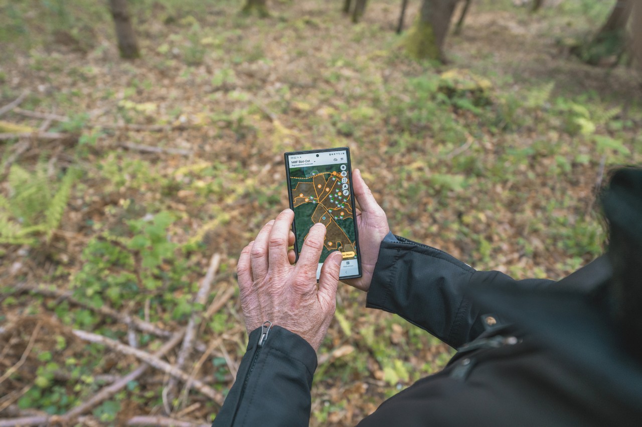 Close-up van een man die een mobiele telefoon met een kaart van een bosgebied met gemarkeerde punten in de hand houdt