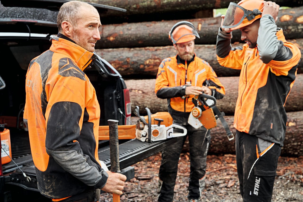 Drie mannen in STIHL veiligheidsuitrusting en met STIHL accumachines naast de geopende bagageruimte van een voertuig, op de achtergrond een stapel hout