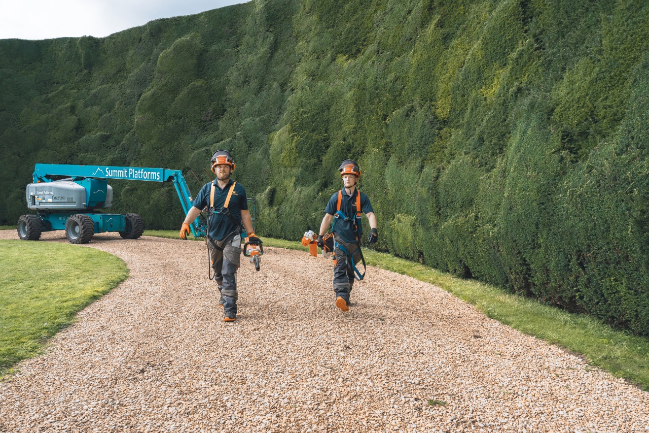 Twee professionals met STIHL machines lopen langs een gigantische haag