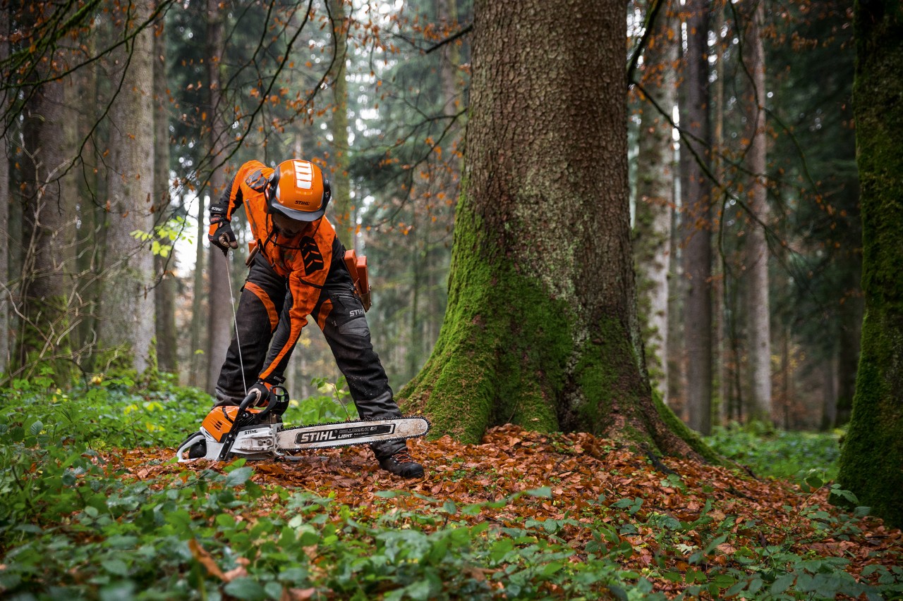 Man in beschermende kledij start STIHL benzinekettingzaag MS 500i in het loofbos.