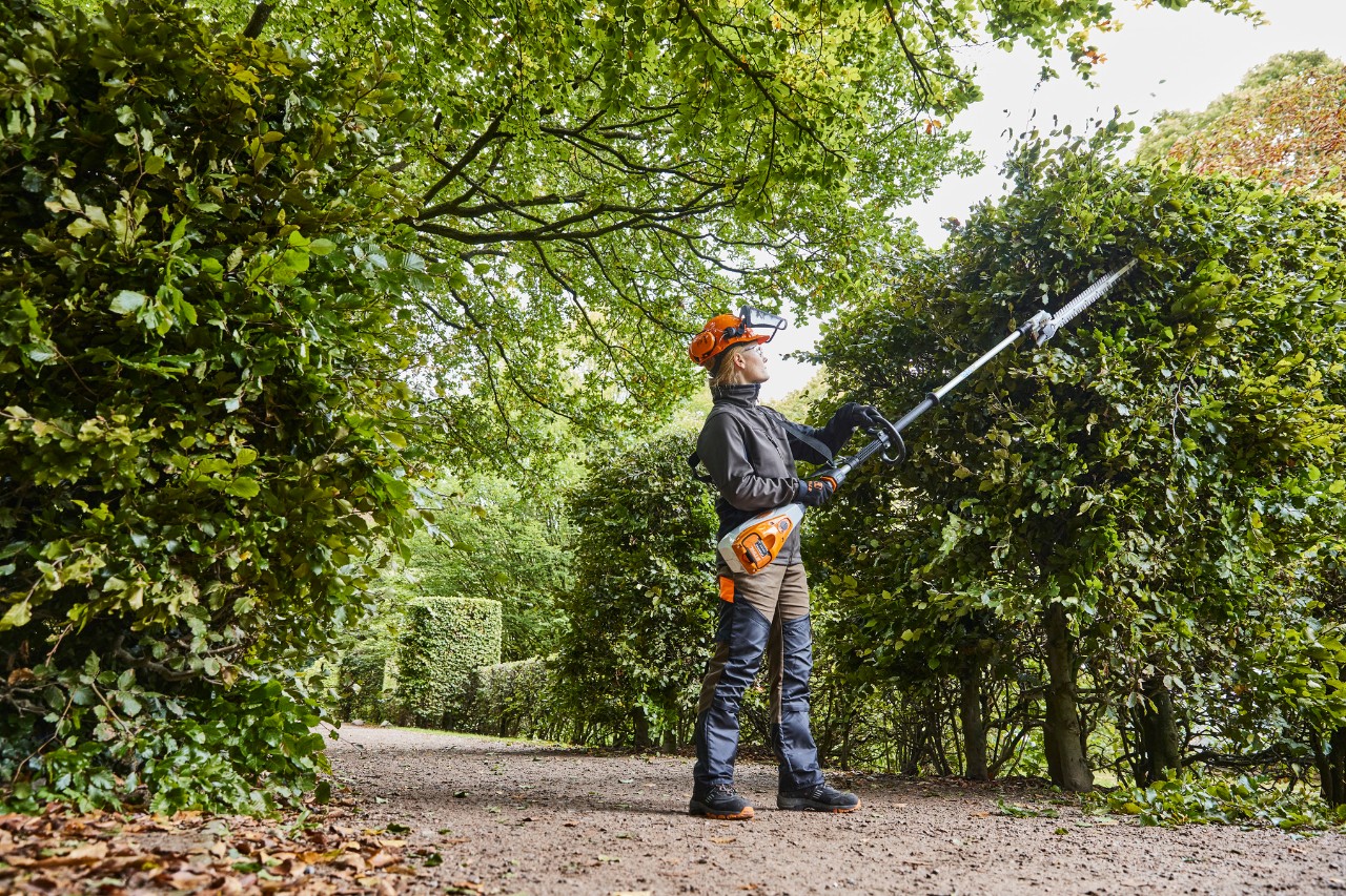 Een hovenier trimt een heg met de STIHL HLA 135 accu-heggenschaar.