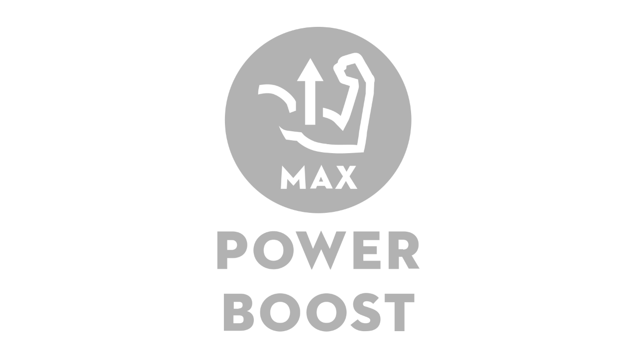 Pictogram met een aangespannen bovenarm en een pijl die omhoog wijst, eronder staat 'Max' en 'Power Boost' 