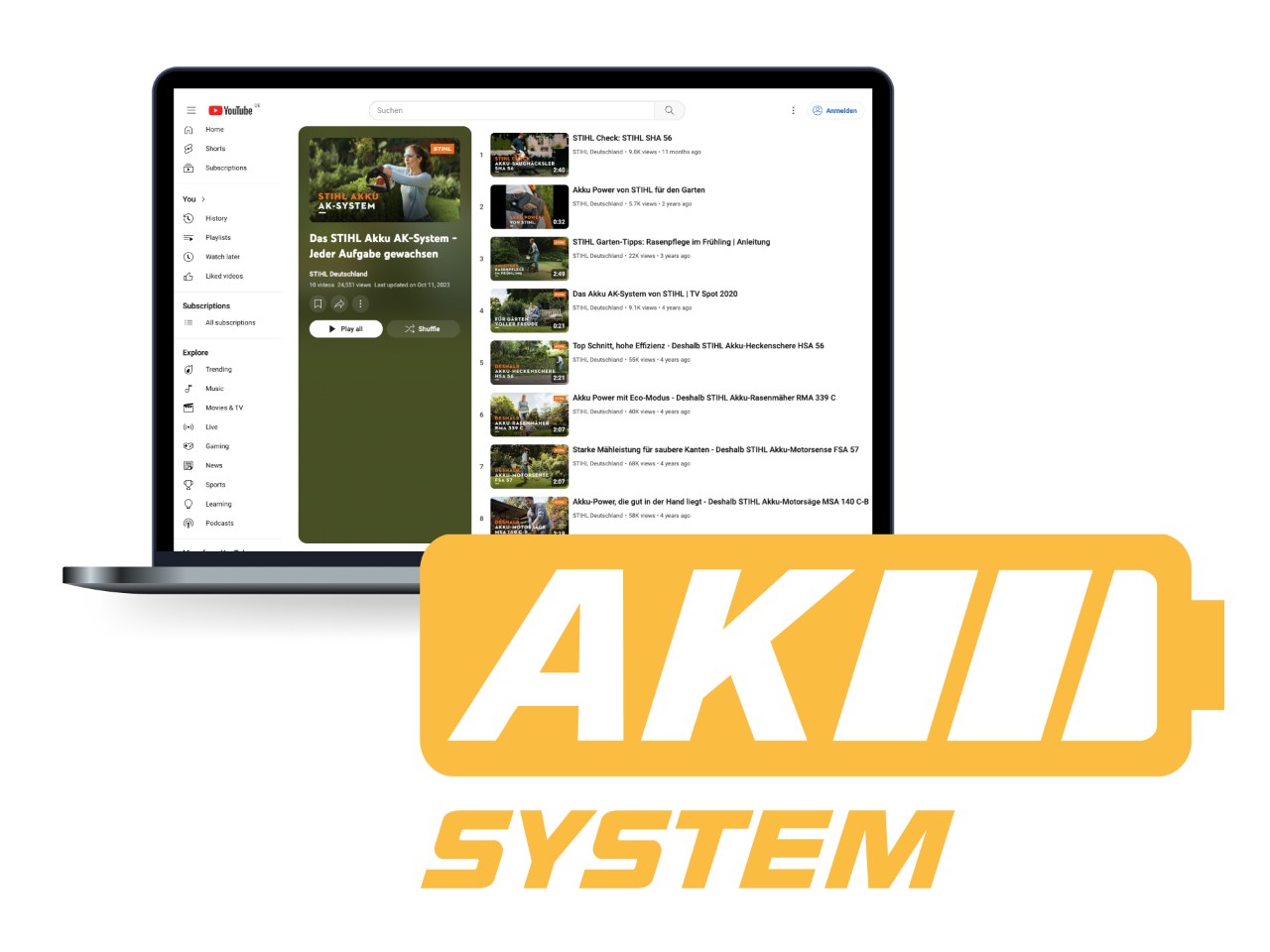 Logo van het AK-systeem van STIHL in de vorm van een geel accupictogram, met op de achtergrond een laptop