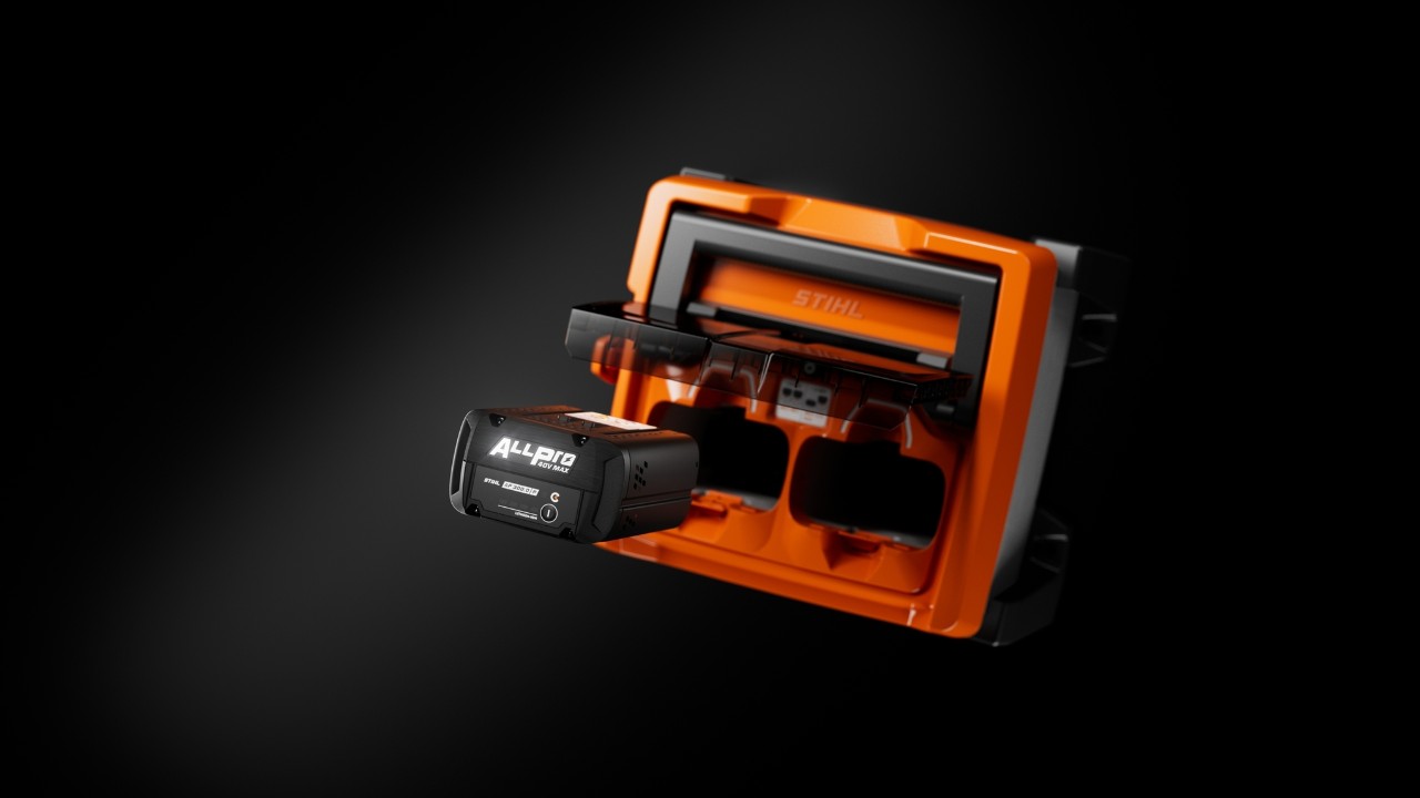 STIHL ALLPRO snellader AL 1802 MO met een geplaatste en gedeeltelijk verwijderde ALLPRO-accu AP 300.0 P(C).