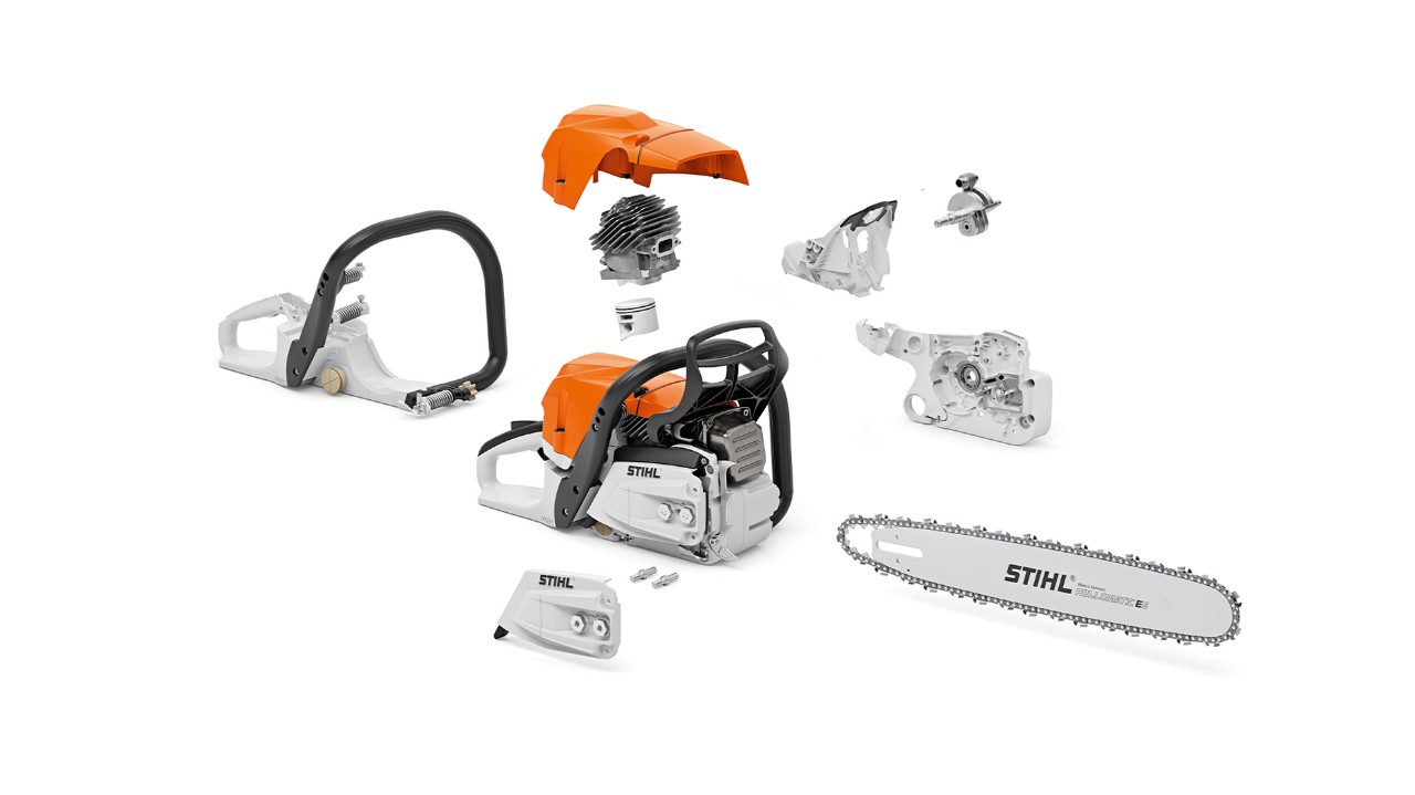 De afzonderlijke onderdelen van een STIHL MS 400 C-M benzinekettingzaag, inclusief magnesiumzuiger
