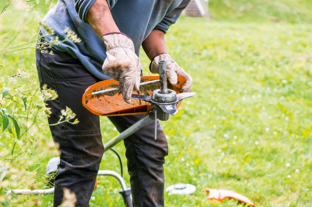 Bij het onderhoud van de STIHL FS 131 bosmaaier wordt de maaikop gereinigd