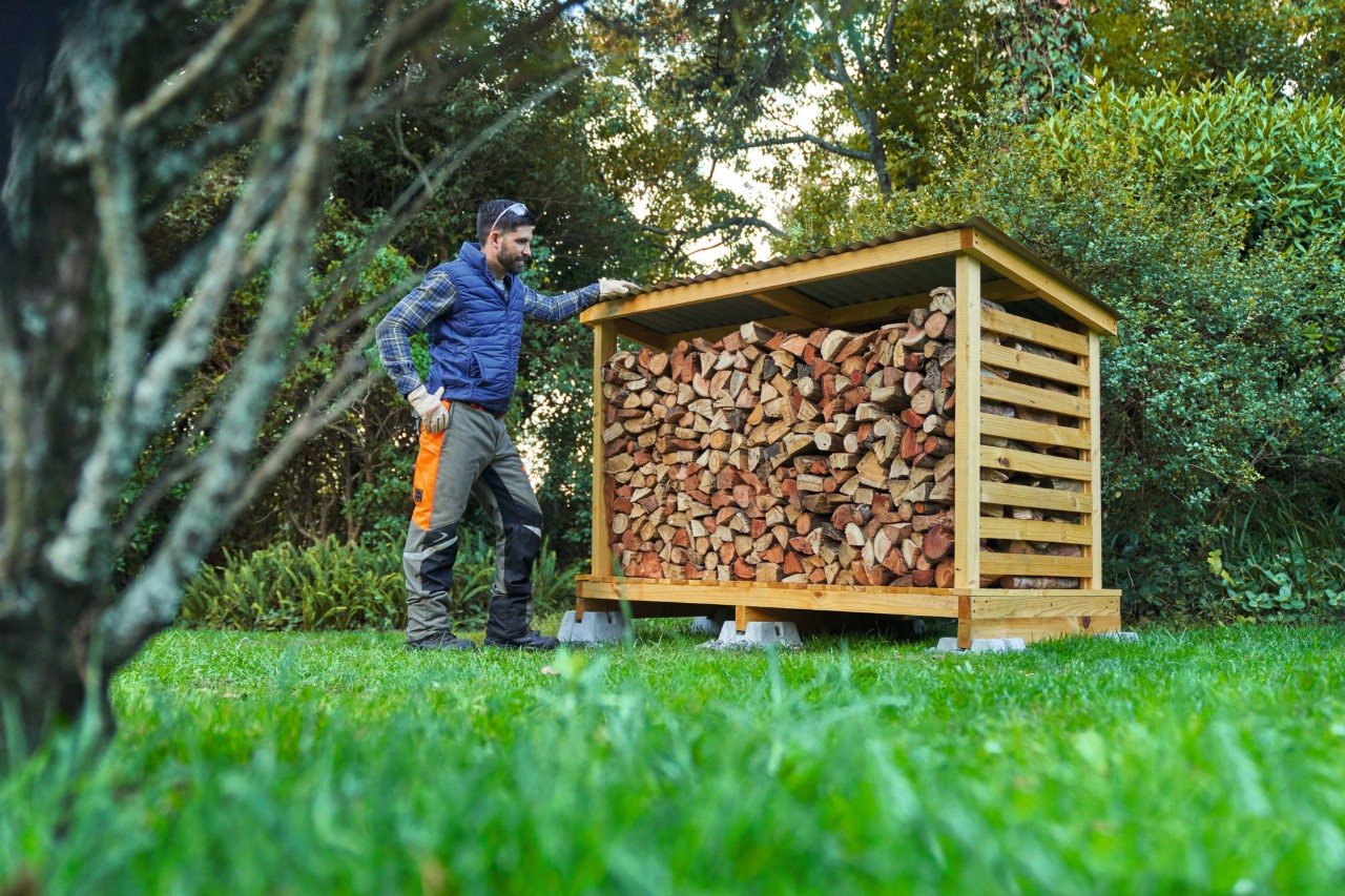 Nur mit Kettensägenschein: Person mit STIHL Benzin-Kettensäge MS 261 C-M mit Führungsschiene Light 04 schneidet im Wald einen Baumstamm