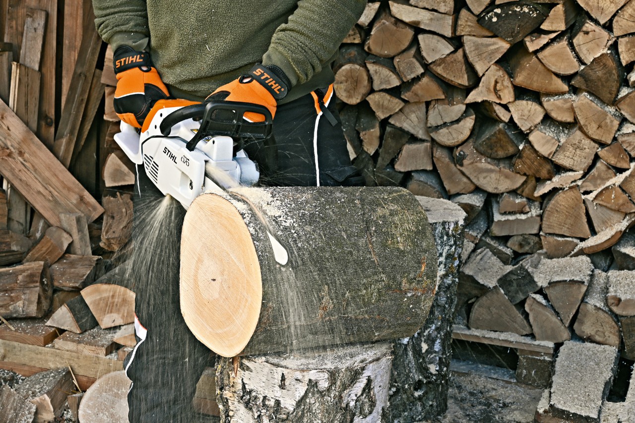 Persoon zaagt met een STIHL MS 151 C benzinekettingzaag een schijf af voor het dak van een insectenhotel