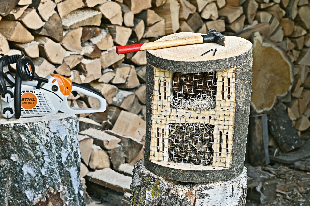 Een hamer op een afgewerkt, zelfgemaakt insectenhotel; ernaast een STIHL MS 151 C benzinekettingzaag