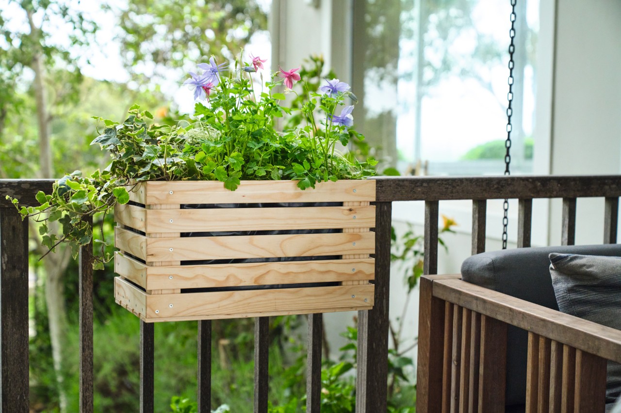 Een met bloemen beplante bloembak hangt aan de leuning van het balkon