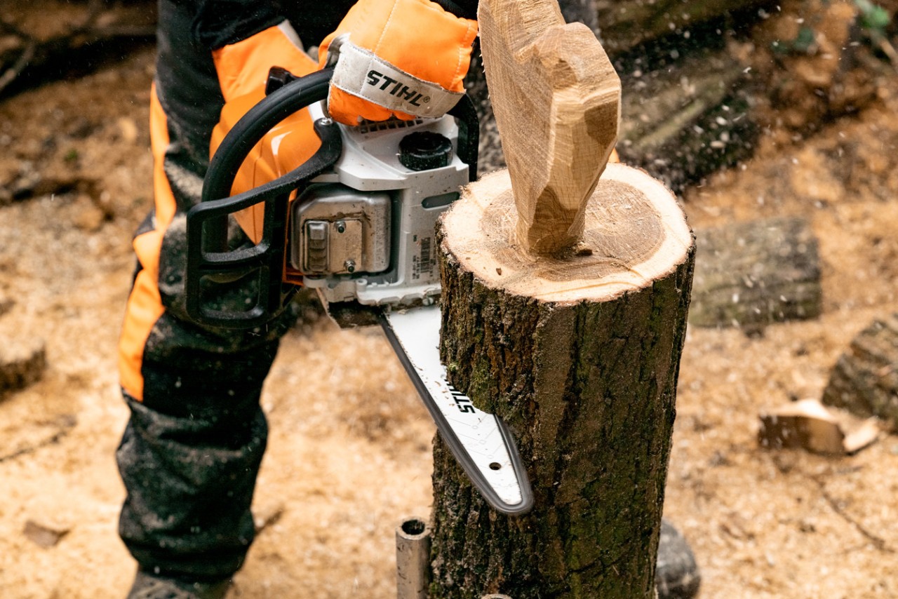 Het houten hart en de voet worden van de rest van de boomstam gezaagd met een STIHL MS 170 benzinekettingzaag