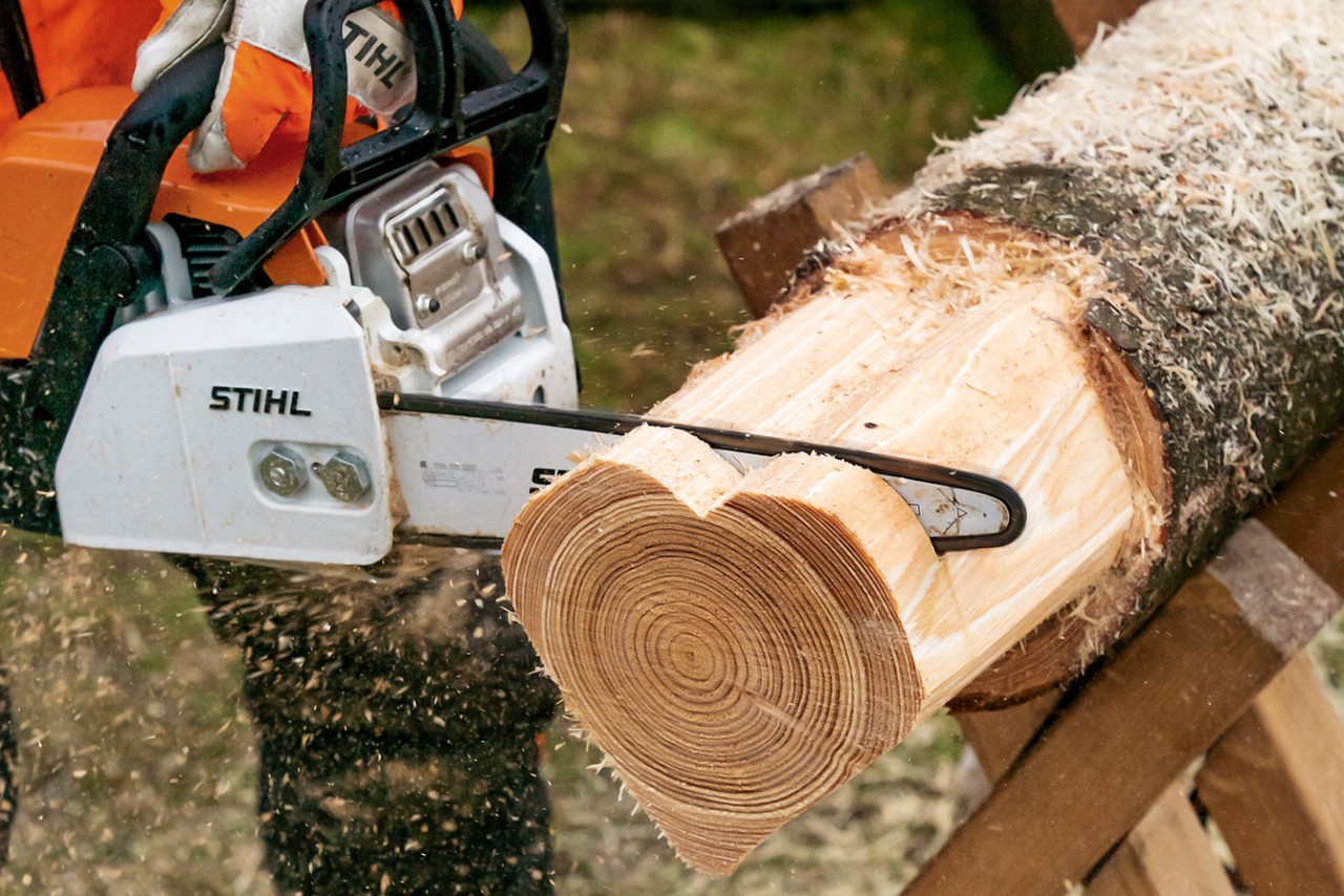 Van een hartvormig stuk boomstam worden schijven gezaagd met een STIHL MS 170 benzinekettingzaag