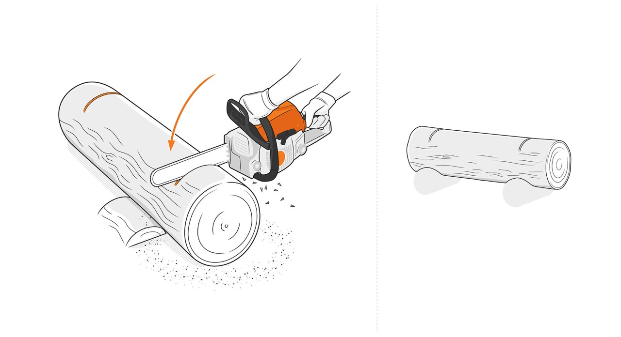 De uiteinden van een boomstam zijn afgezaagd door een STIHL kettingzaag om een plantenbak te maken.