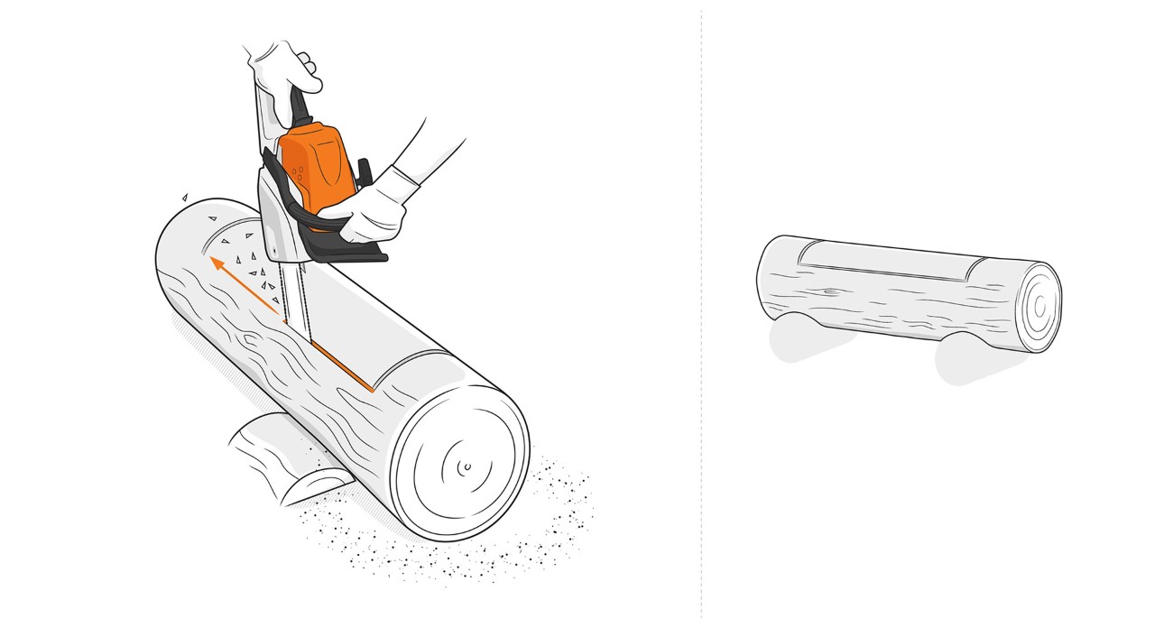 Illustratie: Om een plantenbak te maken wordt in een houten boomstam een opening gezaagd met een STIHL kettingzaag.