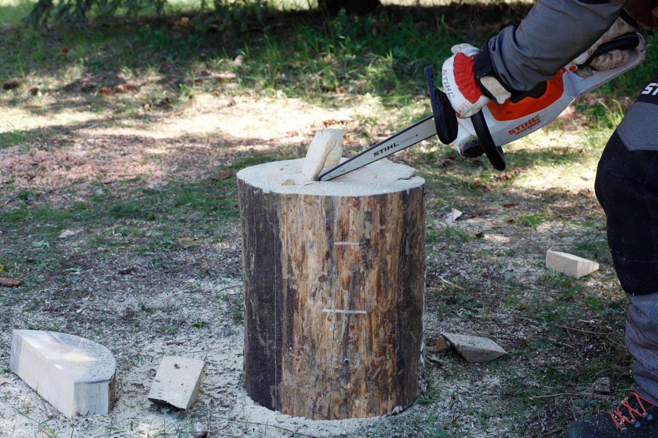 De steel voor een houten pompoen wordt uit een blok gesneden met een STIHL MSA 140 C kettingzaag