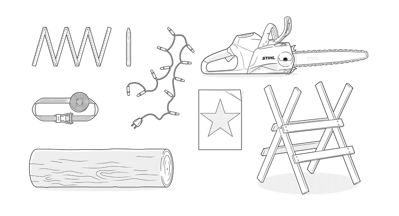 Materiaal illustratie: boomstam, STIHL kettingzaag, vouwmeter, kerstlichtjes, bevestigingsriem, zaagbok, stersjabloon