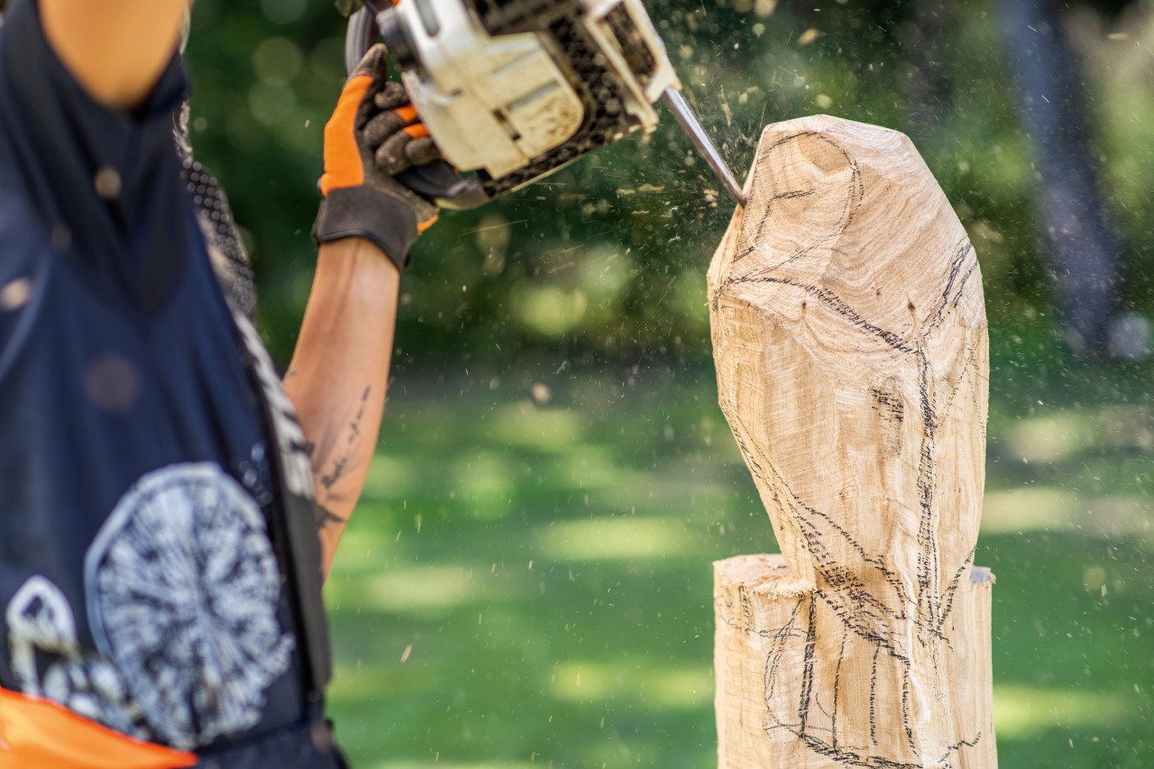 Het gezicht van de uil wordt gesneden met een STIHL kettingzaag met carvingzaagblad