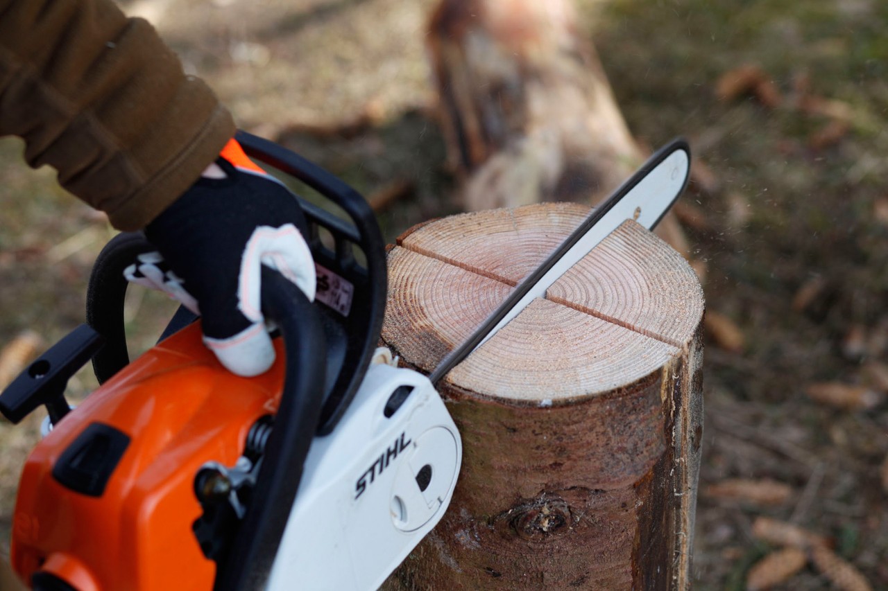 Een boomstam wordt met een STIHL MS 181 C benzinekettingzaag tweemaal ingezaagd