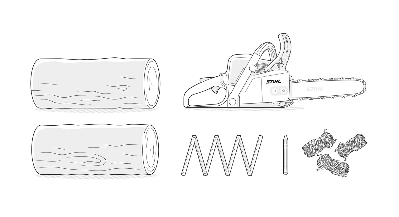  Illustratie: hout, kettingzaag STIHL, duimstok, potlood, barbecue-aansteker