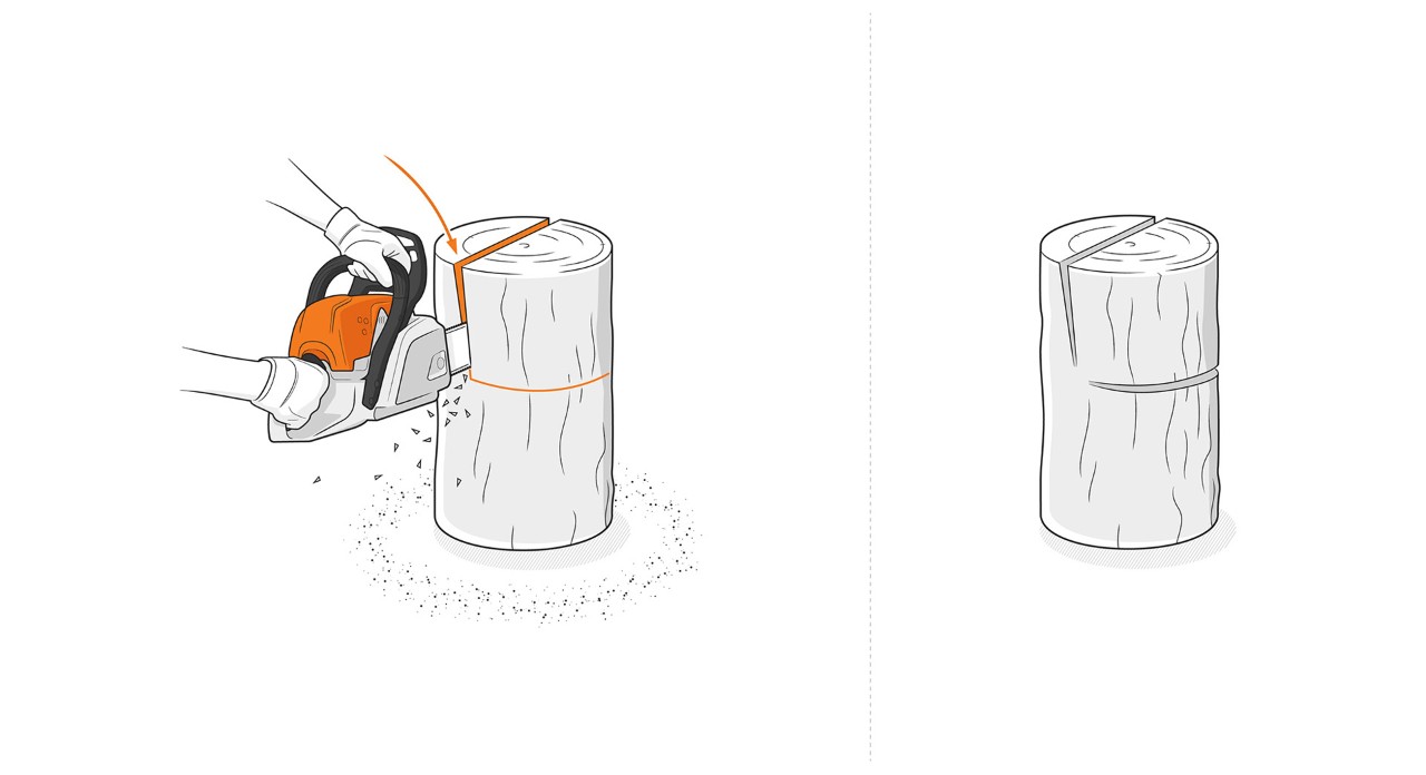 Illustratie: Voor de rugleuning en de zitting van de houten stoel worden met een STIHL kettingzaag zaagsneden in de boomstam gemaakt