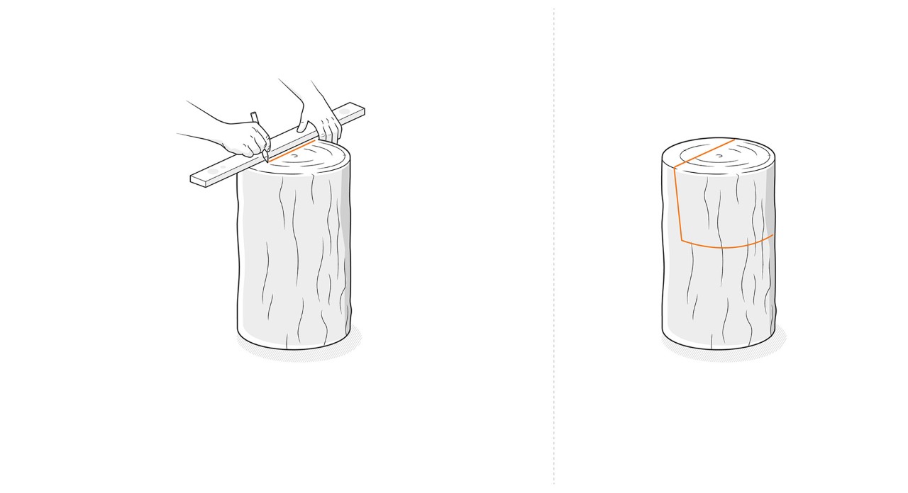 Illustratie: Zaagsneden voor de rugleuning en de zitting van de houten stoel worden gemarkeerd op het stuk boomstam