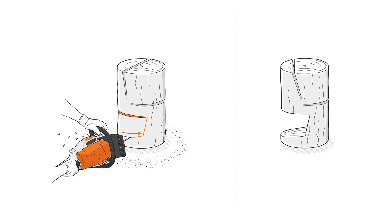 Illustratie: De sokkeluitsparing voor de houten stoel wordt uitgezaagd met een STIHL kettingzaag