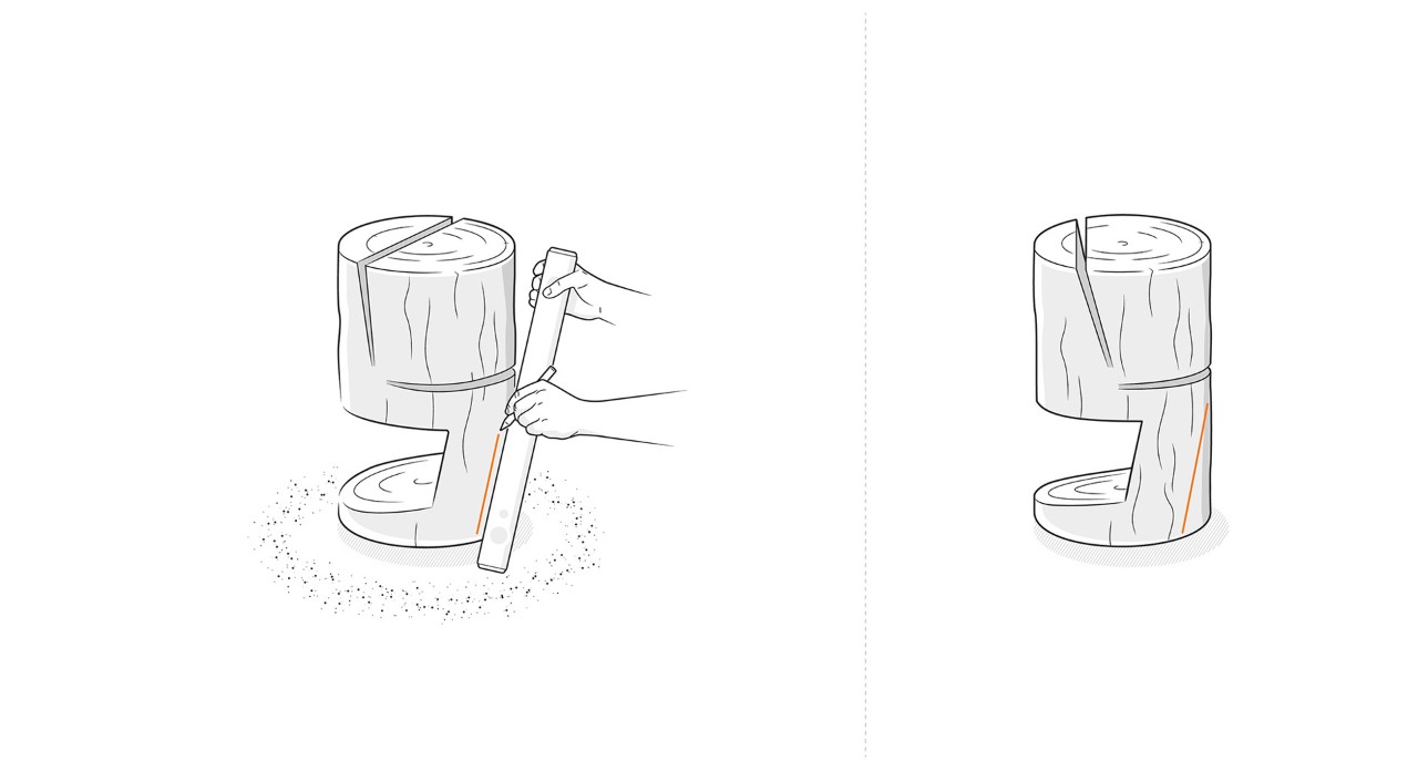 Illustratie: De sokkelvoorzijde van de houten stoel wordt gemarkeerd op het stuk boomstam