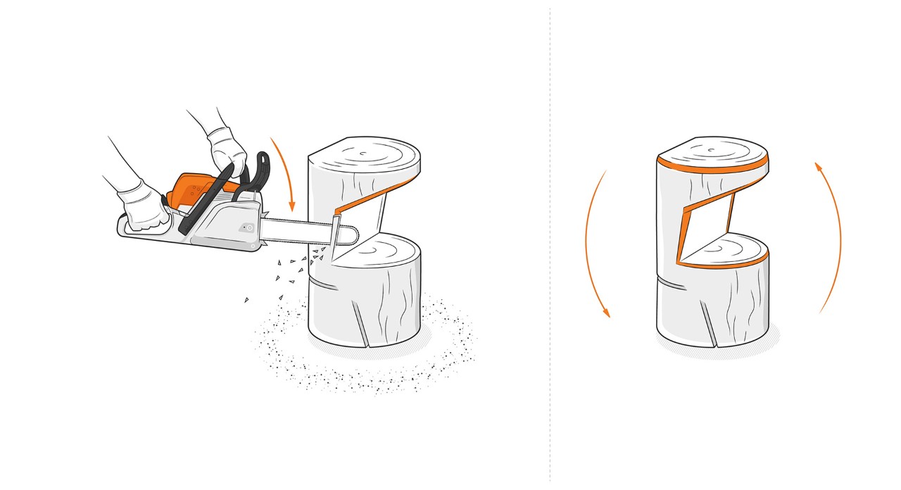 Illustratie: De zaagsneden in de sokkel worden gefatsoeneerd met een STIHL kettingzaag