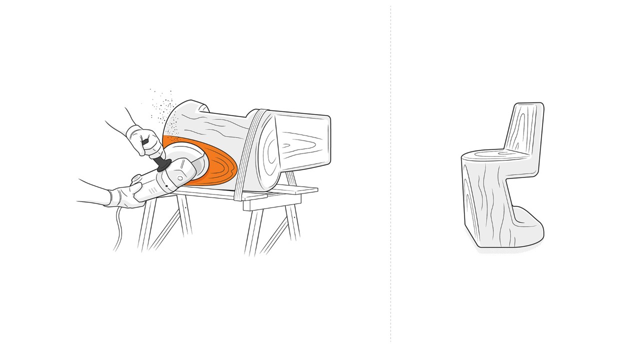 Illustratie: Het oppervlak van de houten stoel wordt geschuurd met een schuurmachine