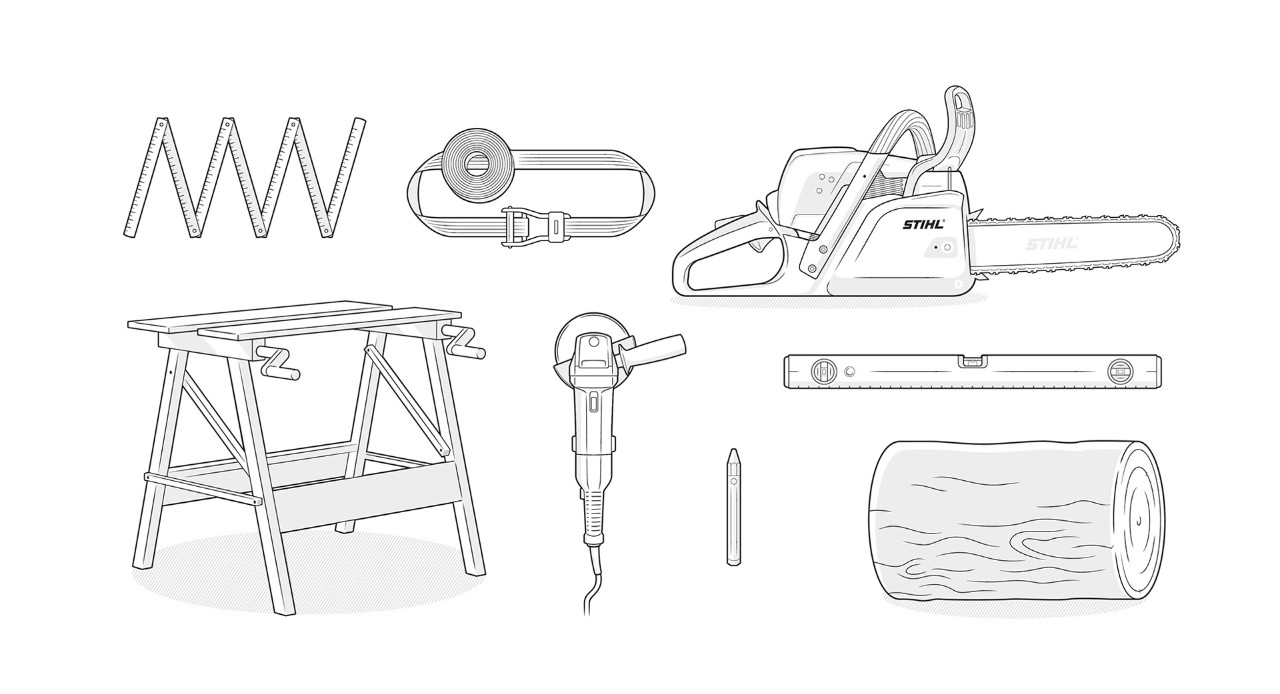 Illustration: STIHL kettingzaag, stam, zaagblok, duimstok, haakse slijper, spanband, waterpas