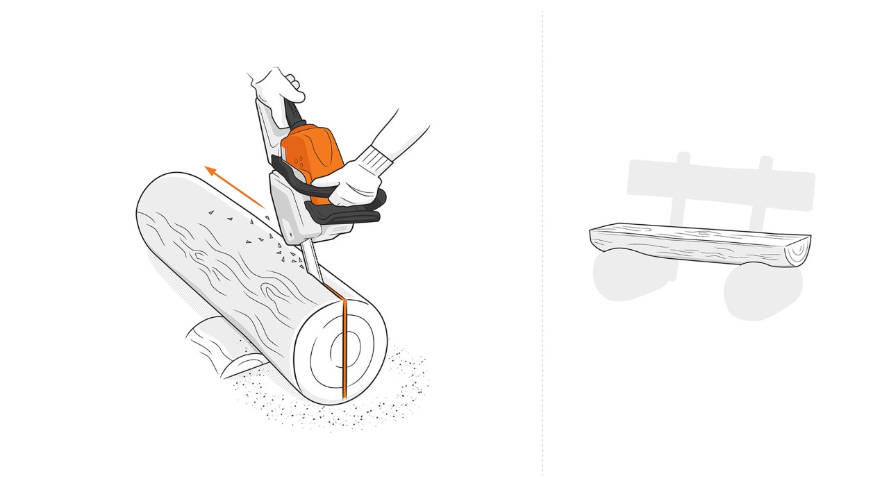 Illustratie: Een boomstam wordt overlangs in het midden doorgezaagd met een STIHL kettingzaag 