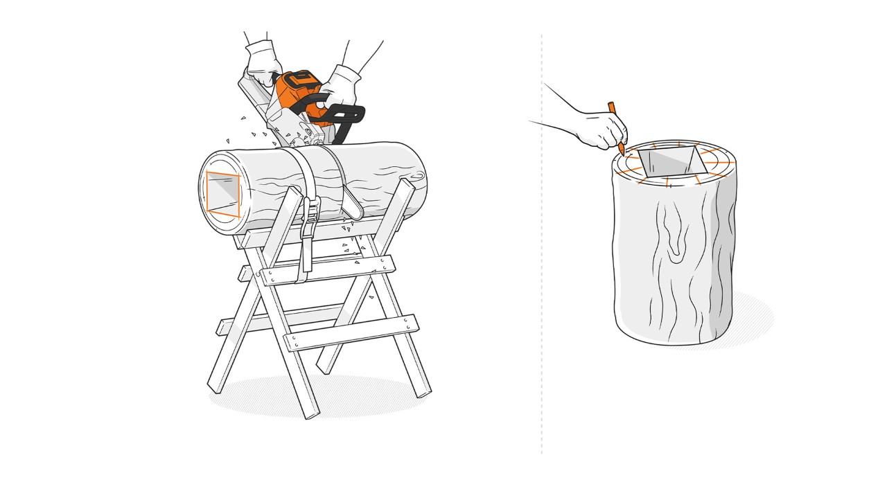 Het stuk boomstam wordt op de gewenste lengte ingekort met een STIHL kettingzaag