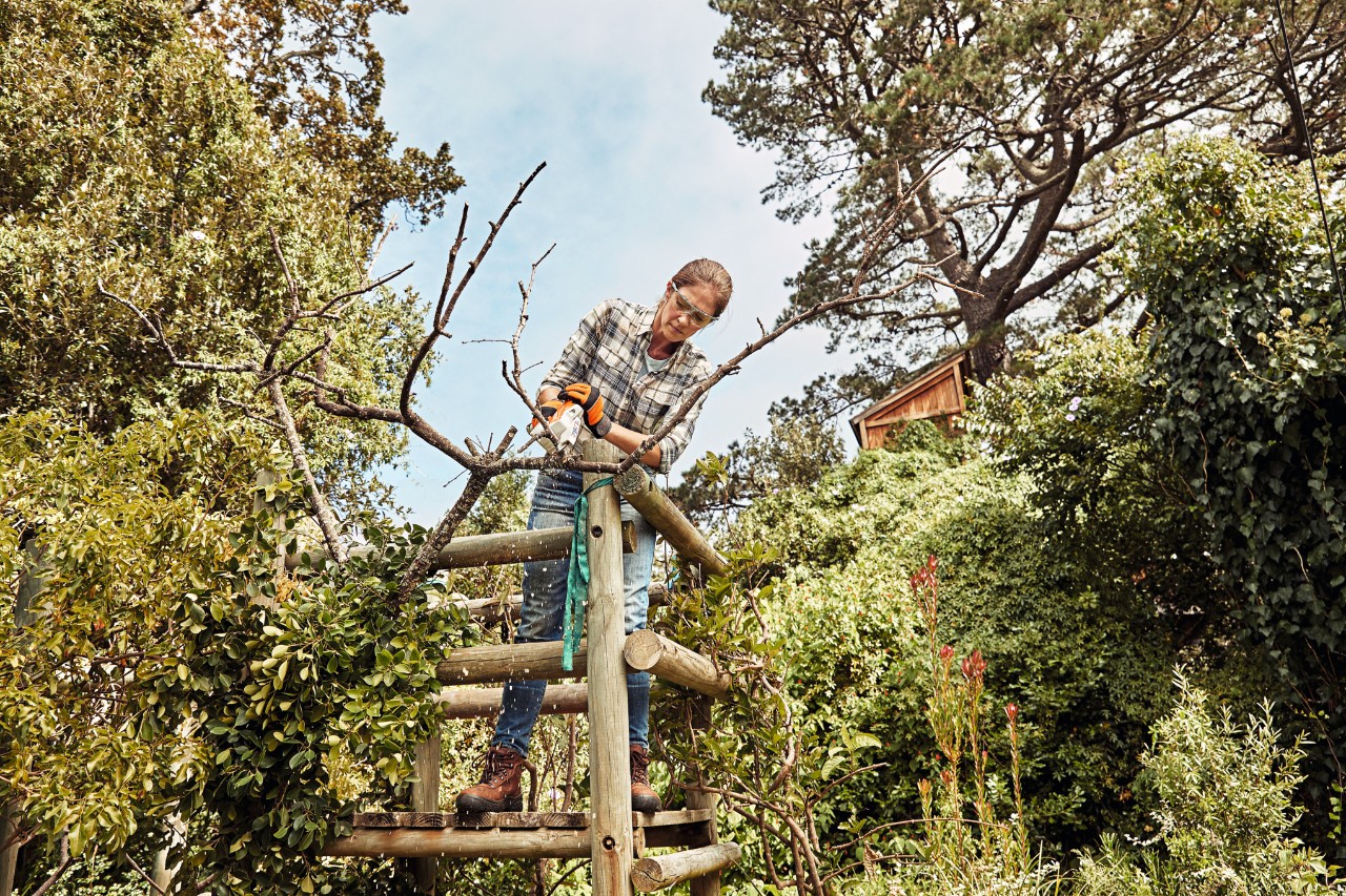 Een vrouw in de tuin op een houten frame snoeit een tak met een STIHL GTA 26 accusnoeizaag