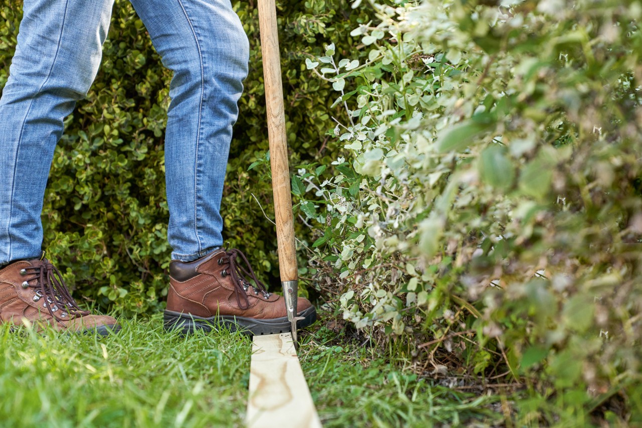 Vrouw met STIHL veiligheidshandschoenen steekt met spade langs plank door grasnerf om Engelse gazonrand aan te leggen