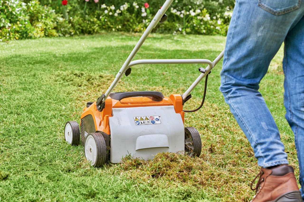 Persoon die een gazon verticuteert met een STIHL RLA 240 accu verticuteermachine om het voor te bereiden op verjonging