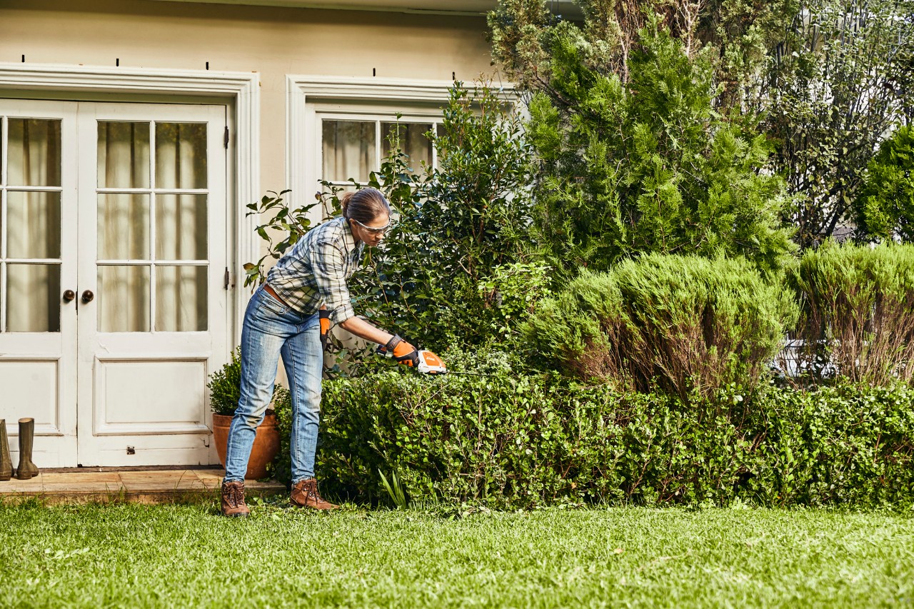 Een vrouw snoeit met de STIHL HSA 26 accuheggenschaar een buxusheg in een tuin