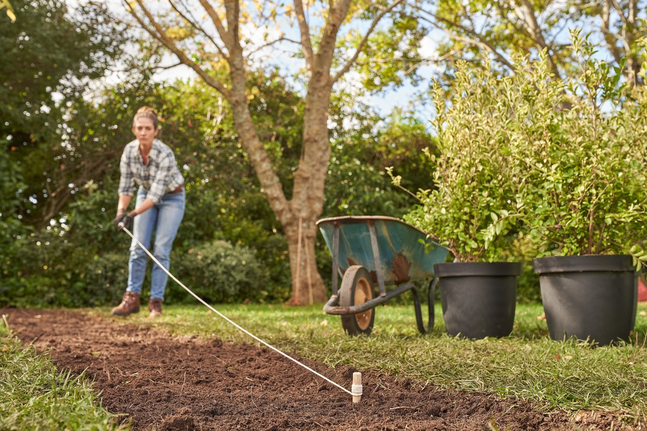  Een vrouw markeert het geplande verloop van de heg met een houten paaltje en een richtsnoer om een heg te planten