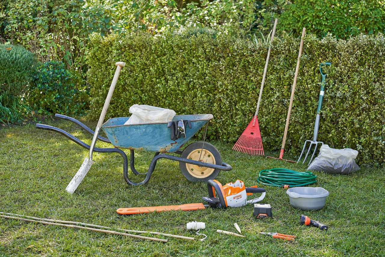 Gereedschap om heggen te planten, waaronder de STIHL HSA 56 accuheggenschaar en de STIHL PG 10 snoeischaar 