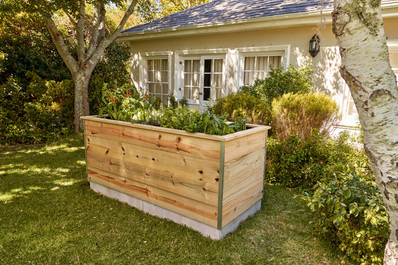 Beplant doe-het-zelf verhoogd plantenbed van houten planken in de tuin vóór een huis