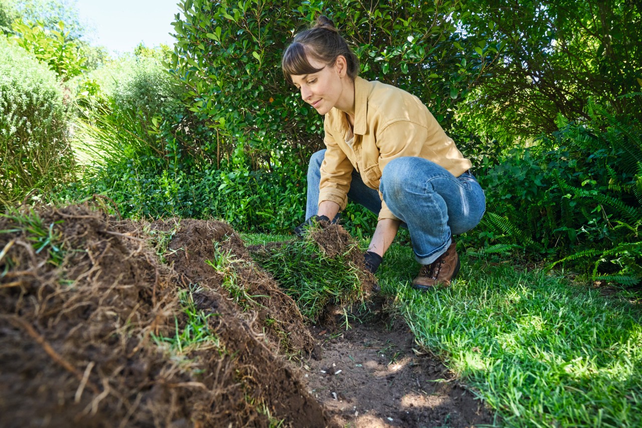 Een vrouw verdeelt graszoden over het heuvelbed