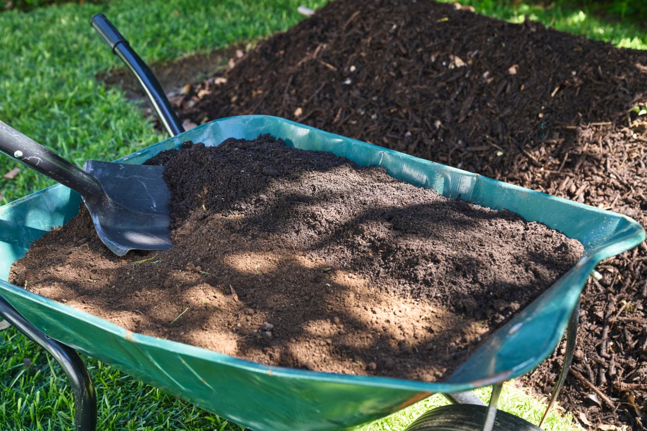 Close-up van een lade met aarde-compostmengsel die voor een heuvelbed staat 