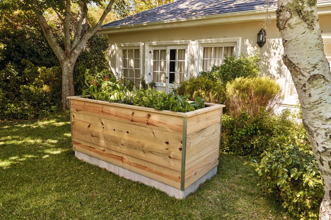 Beplant verhoogd bed van houten planken om zelf te bouwen staat in de tuin voor een huis 