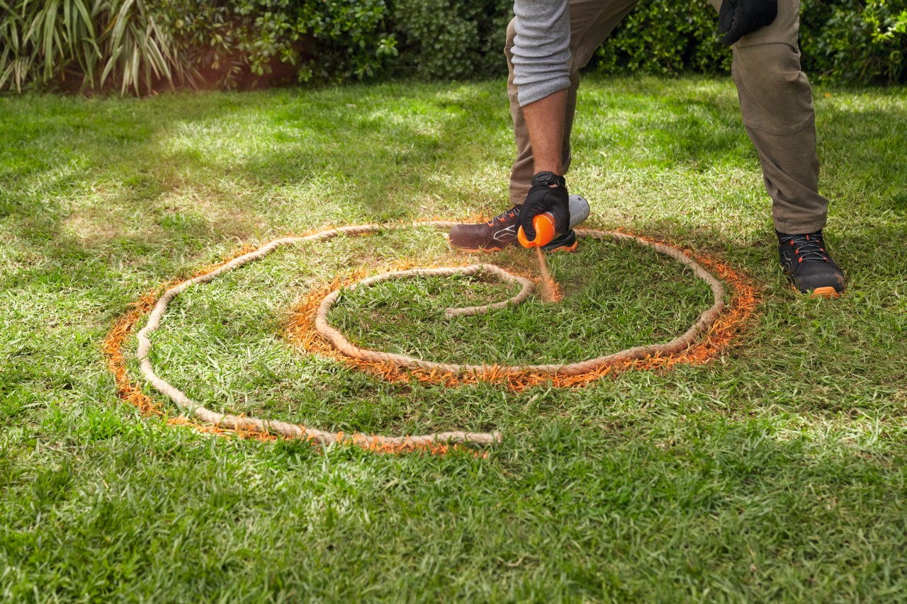 Een man spuit het verloop van het koord op de grond met bosspray