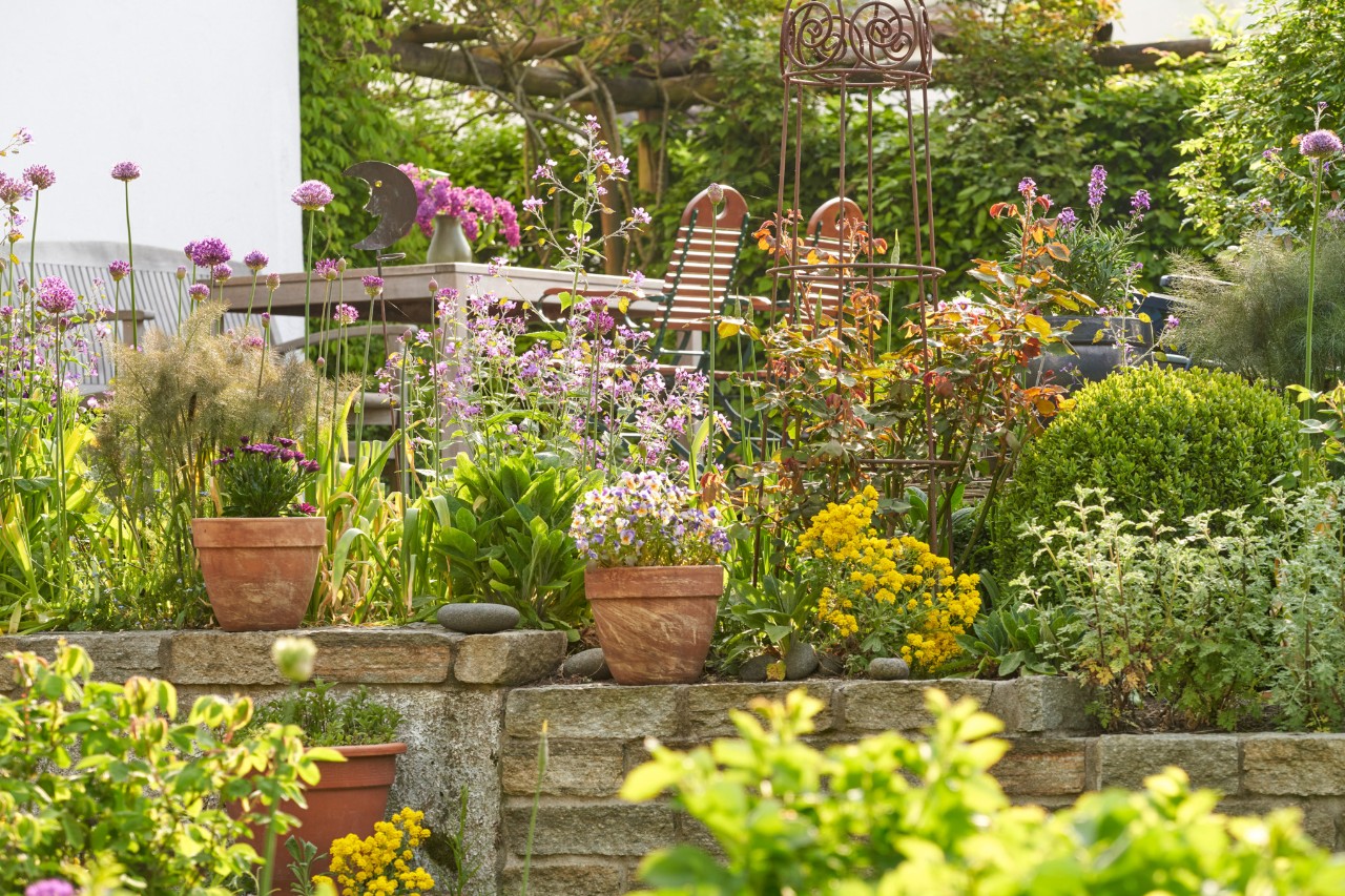 Lenteachtige tuin op helling met muur en bloempotten, op de achtergrond een tuintafel met stoelen 