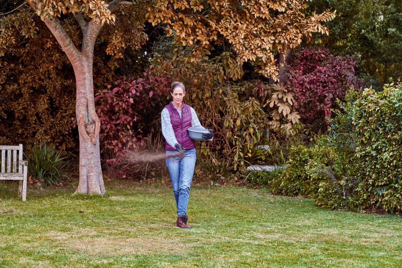 Een vrouw behandelt het gazon in haar tuin met najaarsmeststof