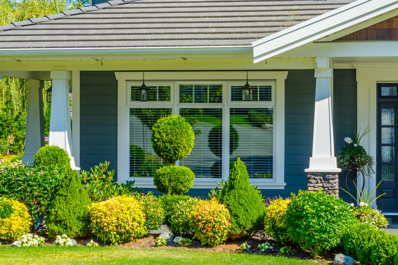 Fraai ingerichte voortuin met planten en struiken in vormsnoei